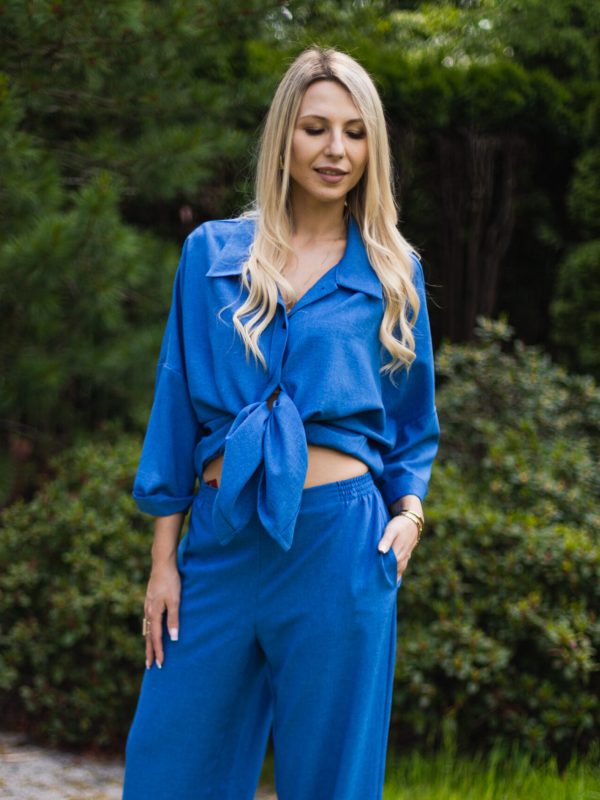 Komplet damski 2-częściowy Soft Flow, niebieski – bluzka oversize i szerokie spodnie